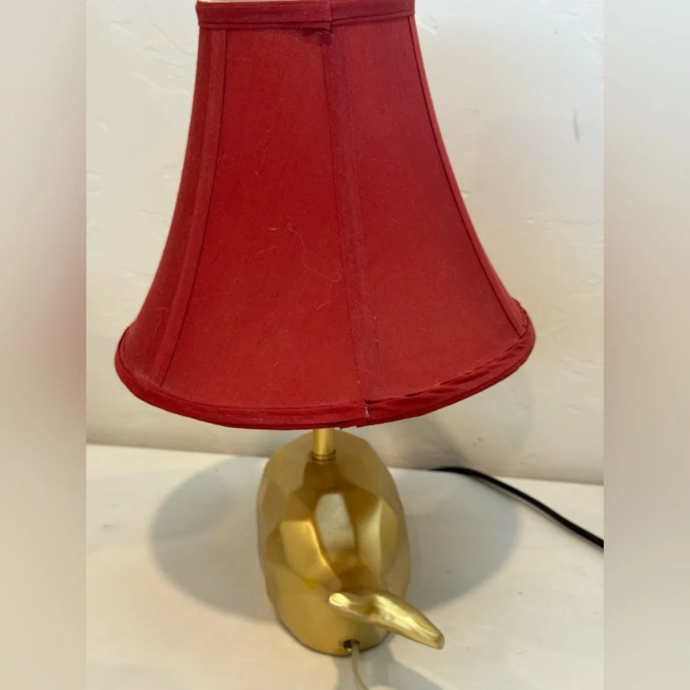 Vintage Nautical  Gold Faceted Whale Table Accent Lamp Red Shade Decor ~12”‎